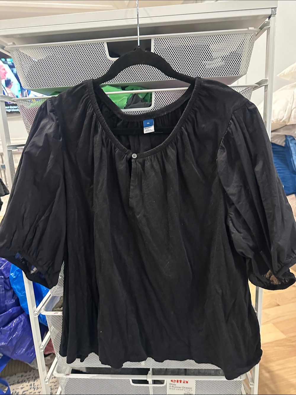 Old Navy Black Peasant Top with Puff Sleeves
